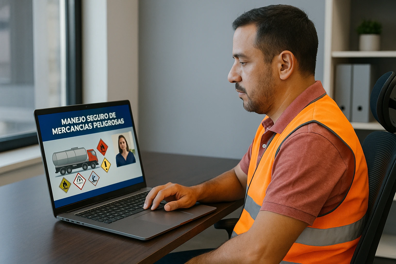 Conductor recibiendo capacitación virtual sobre manejo seguro de mercancías peligrosas